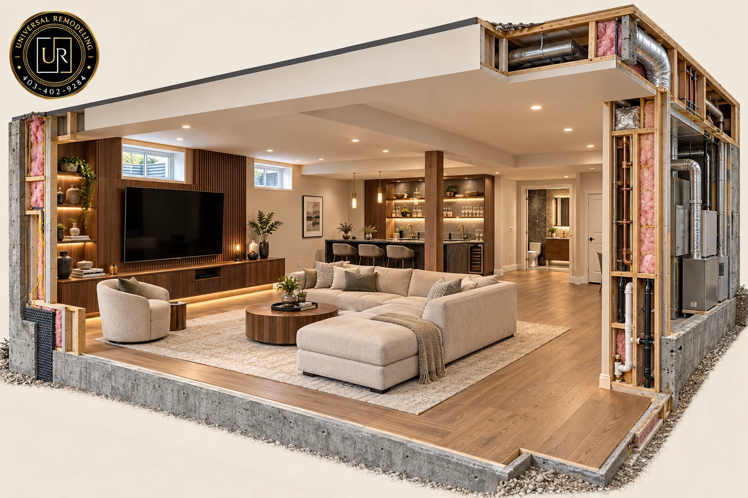Illustrative luxury basement renovation cutaway showing interior finishes and concealed building systems