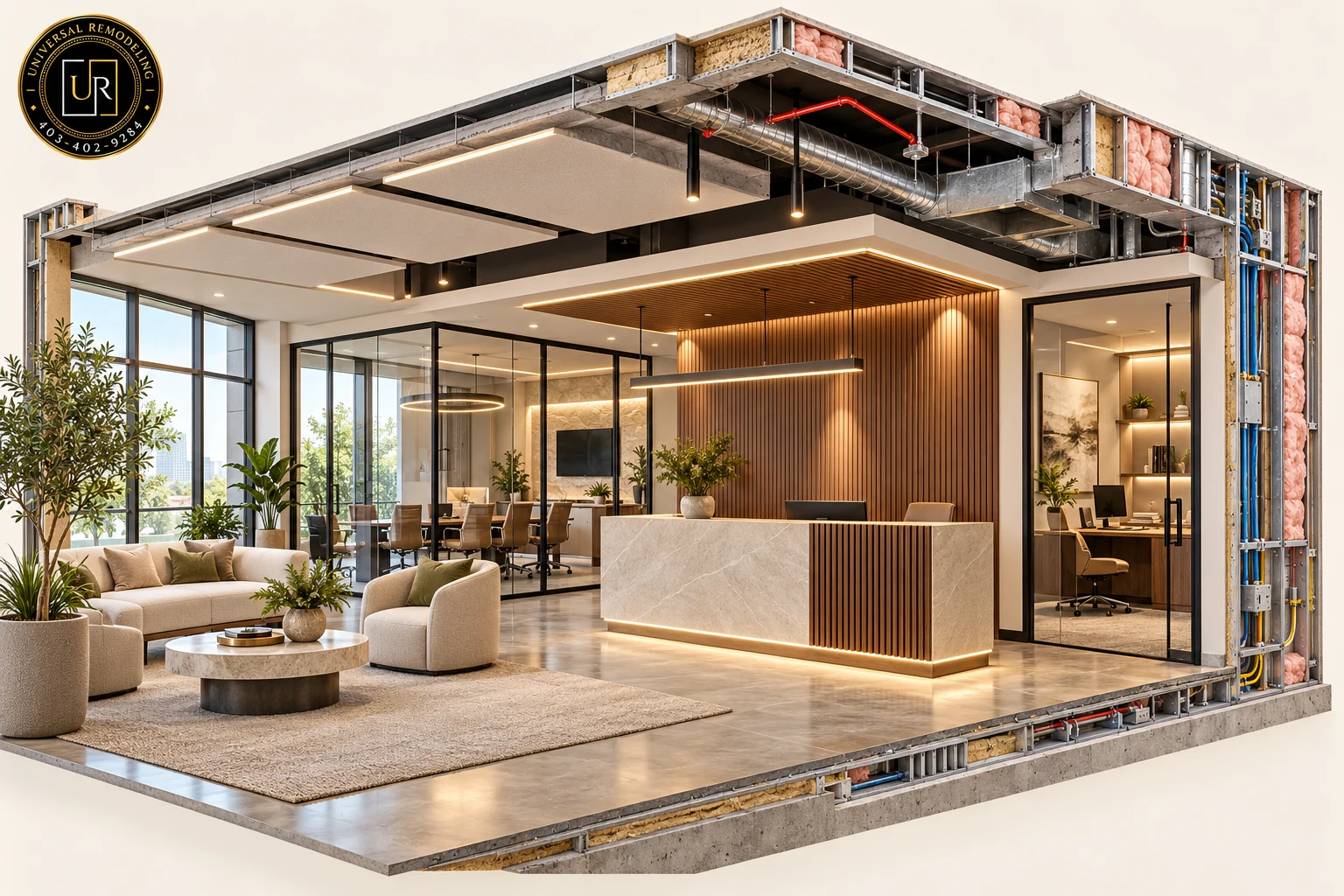 Illustrative luxury office renovation cutaway showing interior finishes and concealed building systems