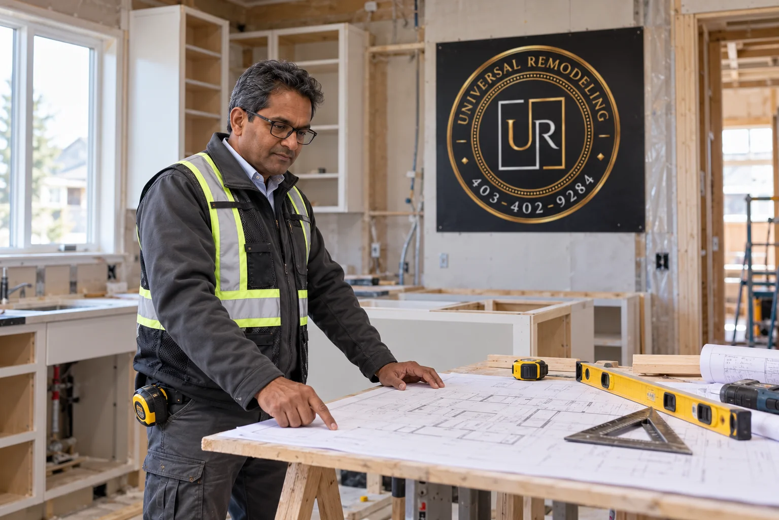 Universal Remodeling owner reviewing kitchen renovation plans