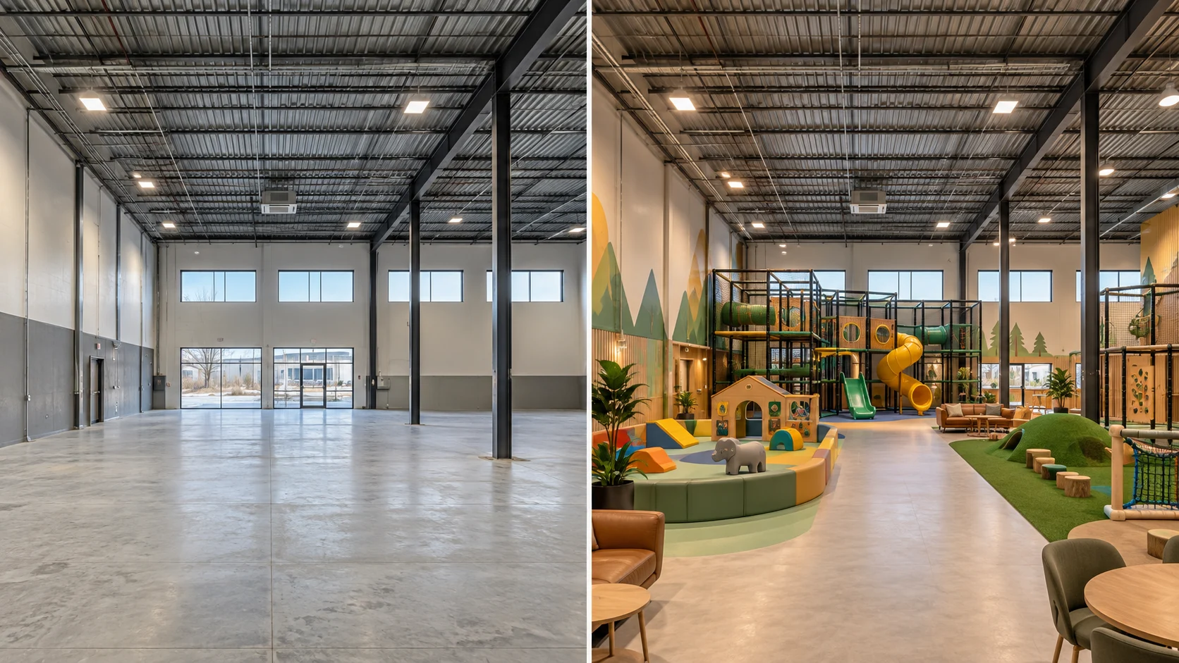 AI design concept showing an empty commercial unit transformed into an indoor family recreation park